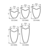 23mm internal width 700c road racing cabron rims profile, available rim models: D23-32MG, D23-38MG, D23-42MG, D23-50MG, D23-60MG