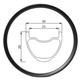 26er carbon mountain bike rim of 25mm wide int 30mm wide ext 25mm deep hookless for XC cross country bike