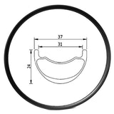 27.5er carbon mountain bike rim of 31mm internal 37mm external width, 24mm deep, hookless tubeless ready