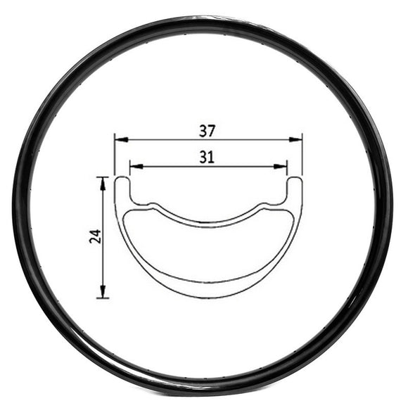 29er carbon mountain bike rim of 31mm internal 37mm external width, 24mm deep, hookless tubeless ready