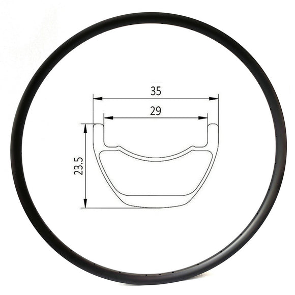 carbon mountain bike rim of 29mm wide int 35mm ext 23.5mm deep, hookless tubeless ready for 29er XC and Trail