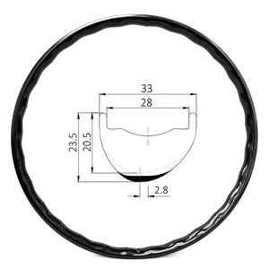 29er mtb carbon wheel rim of 28mm internal 33mm external width, wave shape 20.5mm ~ 23.5mm depth, asymmetric 2.8mm offset