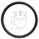 650b carbon wheel rim of 25mm internal, 30mm external (max 34mm) width, 36mm deep hookless (tubeless ready)