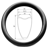 700c gravel carbon wheel rim of 26mm internal, 31.5mm external (max 35mm) width, 58mm deep clincher (hook) tubeless