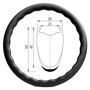 700c road bicycle wave shape carbon rim of 21mm internal 28mm external 45mm~50mm deep clincher tubeless