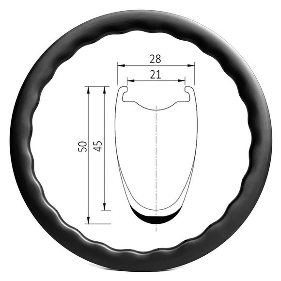 700c road bicycle wave shape carbon rim of 21mm internal 28mm external 45mm~50mm deep clincher tubeless