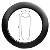 700c road bike carbon rim of 21mm internal 28mm external (max 30mm) width and 80mm deep, clincher tubeless ready.