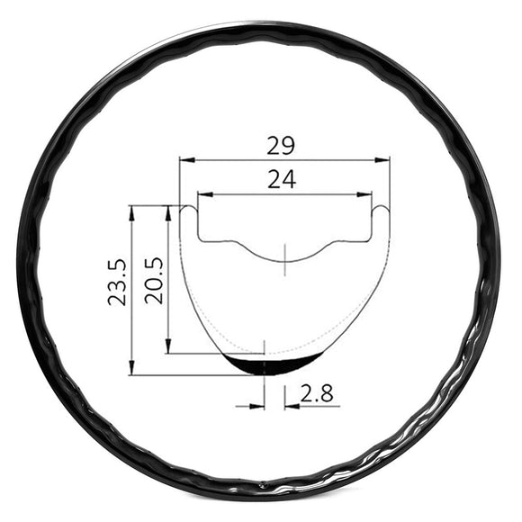 700c wave disc asymmetric gravel bike rim of 24mm int 29mm ext 23.5mm deep, 2.8mm offset asymmetric