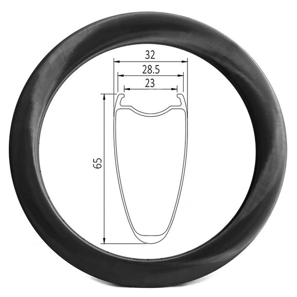 best 65mm deep carbon clincher rim of 23mm internal, 28.5mm external (max 32mm width) and 65mm deep