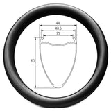 Wide 700c gravel bike carbon wheel of 35mm internal 40.5mm external (max 44mm) width, 60mm deep