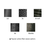 Popular carbon fiber weave options: UD, 3K, 3K Twill, 6K, Marble