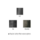 Popular carbon fiber weave options: UD, 6k, Marble