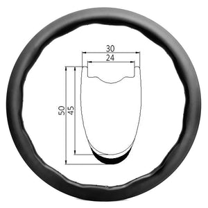 Special designed wave shape carbon rim of 24mm int 30mm ext width 45-50mm deep, hookless tubeless ready