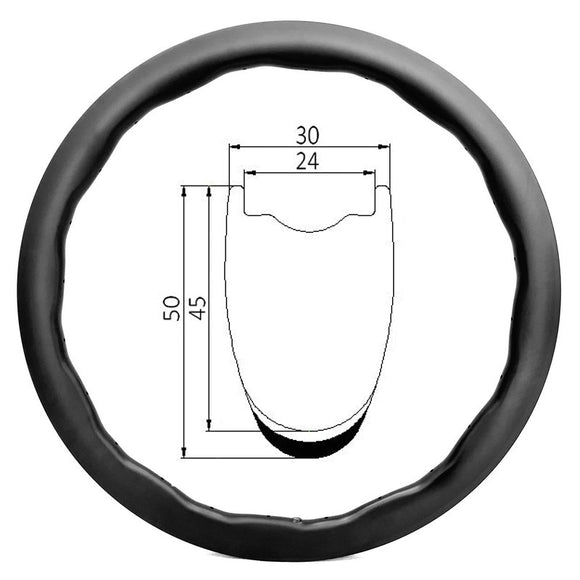 Special designed wave shape carbon rim of 24mm int 30mm ext width 45-50mm deep, hookless tubeless ready