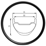 26er mtb XC carbon rim of 30mm internal 35mm external width, 25mm deep hookless