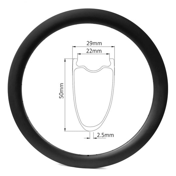 700c carbon road bicycle rim of 22mm internal 29mm external wide, 50mm deep clincher tubeless ready, asymmetrical 2.5mm offset 
