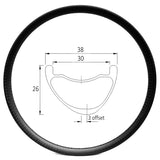 27.5 inch downhill mtb carbon rim of 30mm internal 38mm external, 26mm deep hookless, asymmetrical 3mm offset