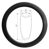 700c carbon road bicycle wheel rim of 19mm internal 26mm external and 65mm deep clincher tubeless ready