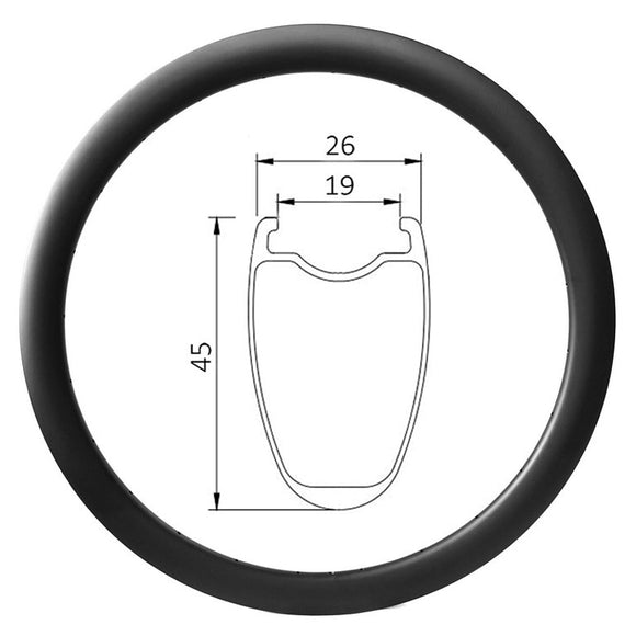 700C carbon road bicycle rim of 19mm intenral width, 26mm external, and 45mm deep clincher