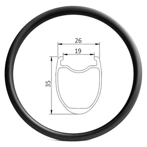 carbon road bicycle rim of 19mm internal, 26mm external wdith, 35mm deep clincher tubeless