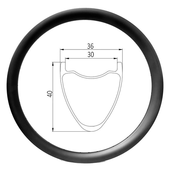 700c gravel bike carbon rim of 30mm internal 36mm external, 40mm deep hookless, tubeless ready