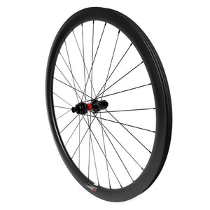 hand built carbon bicycle wheel 22mm internal width clincher with DT Swiss 240 hub, rear wheel