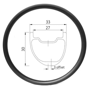 Asymmetric 29er carbon mtb rim of 27mm wide int 33mm wide ext 30mm deep, hookless tubeless ready for cross country