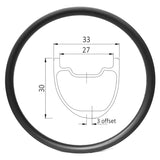 Asymmetric 29er carbon mtb rim of 27mm wide int 33mm wide ext 30mm deep, hookless tubeless ready for cross country
