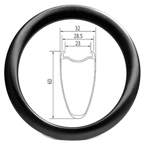 disc 700c road bicycle rim of 23mm internal 28.5 external (max width 32mm) and 60mm deep clincher tubeless carbon rim