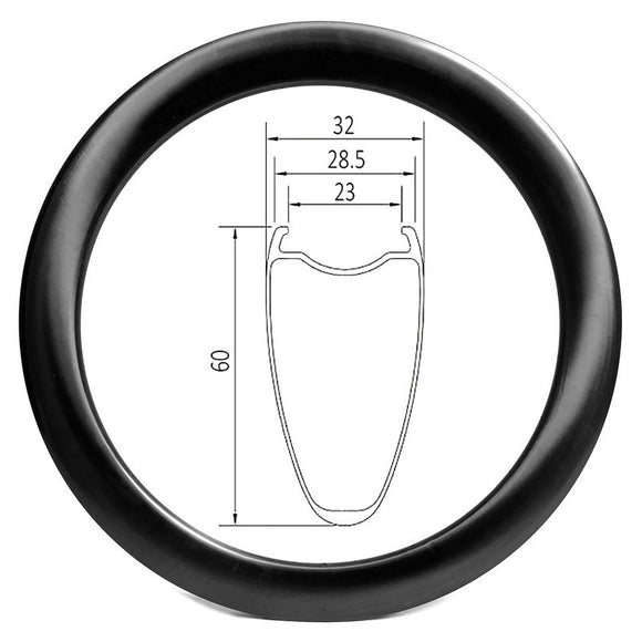 disc 700c road bicycle rim of 23mm internal 28.5 external (max width 32mm) and 60mm deep clincher tubeless carbon rim