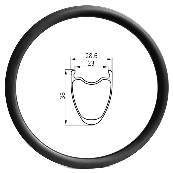 top quality carbon road racing wheel rim of 23mm internal 28.6mm external and 38mm deep clincher tubeless