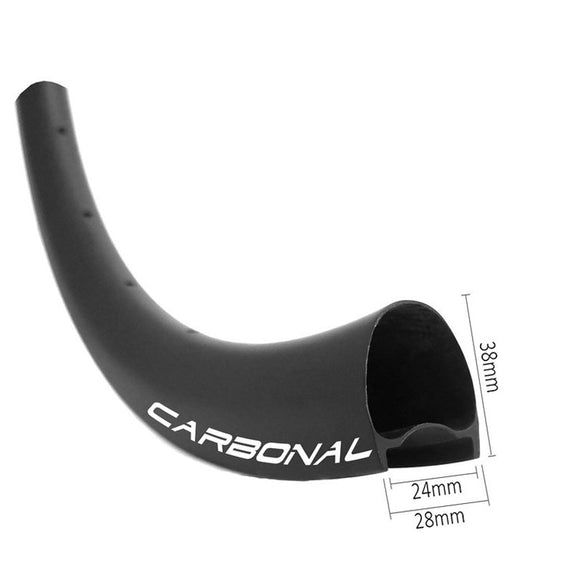 700c gravel/cx carbon rim of 24mm wide int 28mm wide ext 38mm deep, hookless tubeless compatible