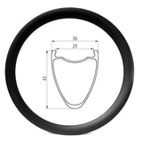 700c gravel bike carbon wheel rim of 29mm wide int 36mm wide ext and 45mm deep clincher