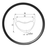 XC730X mtb carbon rim of 30mm wide int 36 ext 25 deep, asymmetric 3mm offset, 350g