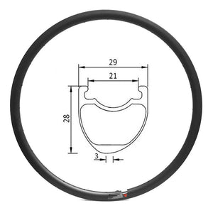 asymmetric all road bike carbon rim of 21mm wide int 29 wide ext 28 deep, 3mm offset