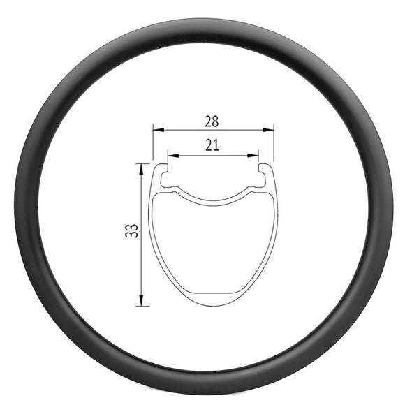 700c disc carbon bike rim of 21mm wide int 28 wide ext 33 deep clincher, tubeless compatible