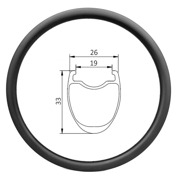 700c road bicycle carbon rim of 19mm internal, 26mm external, 33mm deep clincher tubeless ready