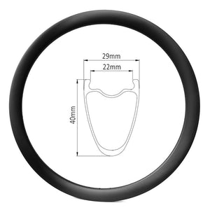 gravel bike carbon rim of 22mm wide int 29mm wide ext 40mm deep, clincher tubeless compatible