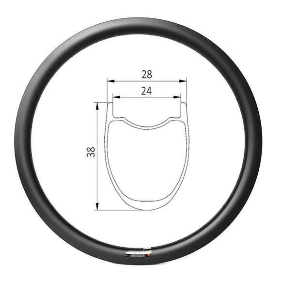 24mm inner 28mm outer wide 38mm deep carbon hookless rim for gravel and cyclocross riders