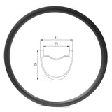 D25-29 700c carbon wheel rim of 25mm inner wide 31mm outer wide 29mm deep hookless
