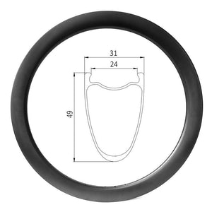 700c gravel bike disc carbon rim of 24mm wide int 31 ext 49 deep, clincher tubeless compatible